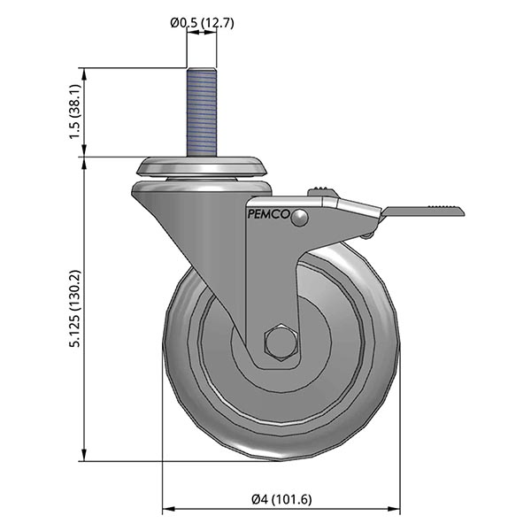 Side view drawing of caster with dimensions